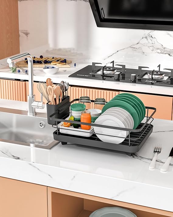 Kitsure Dish Drainer Rack- Space-Saving Dish Drainer, Dish Racks for Kitchen Counter, Stainless Steel Kitchen Drying Rack with a Cutlery Holder
