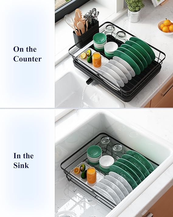 Kitsure Dish Drainer Rack- Space-Saving Dish Drainer, Dish Racks for Kitchen Counter, Stainless Steel Kitchen Drying Rack with a Cutlery Holder