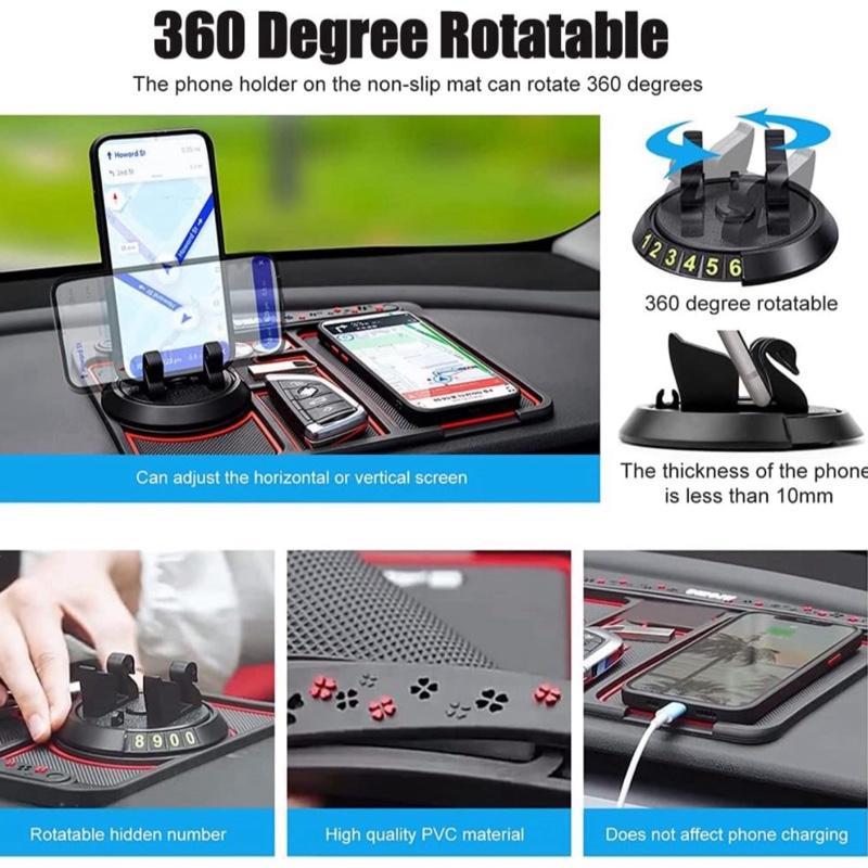 Non Slip Phone Mat for Car - Multifunctional Dashboard Mat with 360 Degrees Rotating Phone Holder (Red) - Smartphone, Stand, Mount