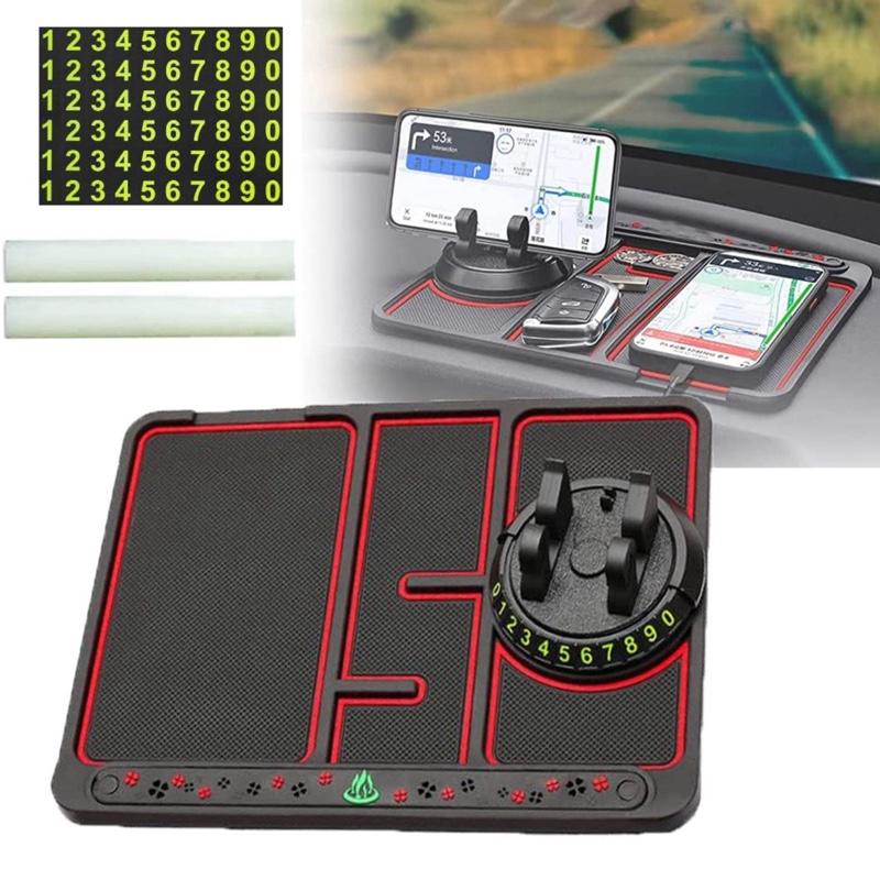 Non Slip Phone Mat for Car - Multifunctional Dashboard Mat with 360 Degrees Rotating Phone Holder (Red) - Smartphone, Stand, Mount