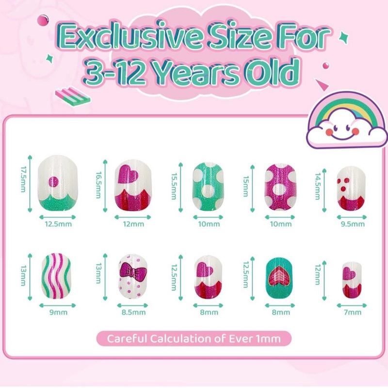 144Pcs 6 Pack Press on Nails for Kids Children Acrylic Fake Nails Pre-glue Full Cover Glitter Gradient colour Short False Nail Art Kits Sets Day for Kids