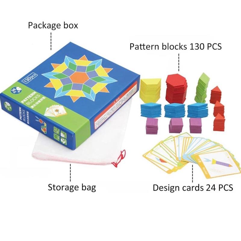 Wooden Pattern Blocks Set 130pcs, Tangram Geometric Shapes Graphical Educational Montessori Toys Gift for Kids with 24 Pcs Design Cards