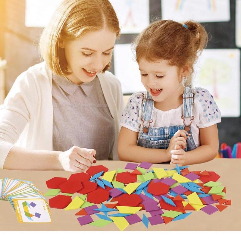 Wooden Pattern Blocks Set 130pcs, Tangram Geometric Shapes Graphical Educational Montessori Toys Gift for Kids with 24 Pcs Design Cards