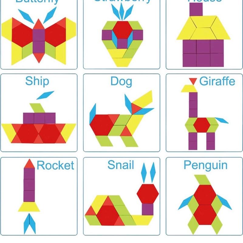 Wooden Pattern Blocks Set 130pcs, Tangram Geometric Shapes Graphical Educational Montessori Toys Gift for Kids with 24 Pcs Design Cards