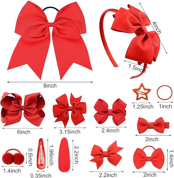 40 Pieces Red Girls School Hair Accessories Kit Ribbon Style Bow Bobbles Headband Large Cheer Bow Girls Hair Accessories Set (Red)