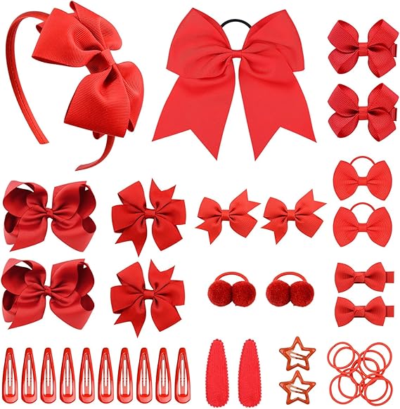 40 Pieces Red Girls School Hair Accessories Kit Ribbon Style Bow Bobbles Headband Large Cheer Bow Girls Hair Accessories Set (Red)