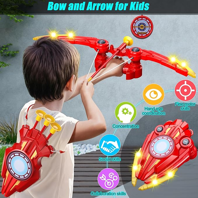 Bow and Arrow Set Kids, 3 in 1 Shield Archery Shooting Game Includes 2 PCS Bow with Lights, 10 Suction Cups Arrows, 1 Targets Play Indoor Outdoor Toy