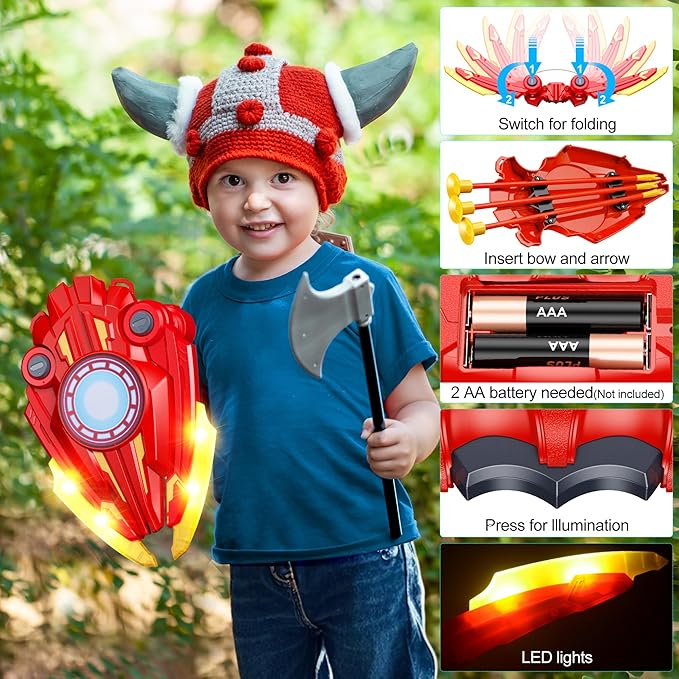 Bow and Arrow Set Kids, 3 in 1 Shield Archery Shooting Game Includes 2 PCS Bow with Lights, 10 Suction Cups Arrows, 1 Targets Play Indoor Outdoor Toy