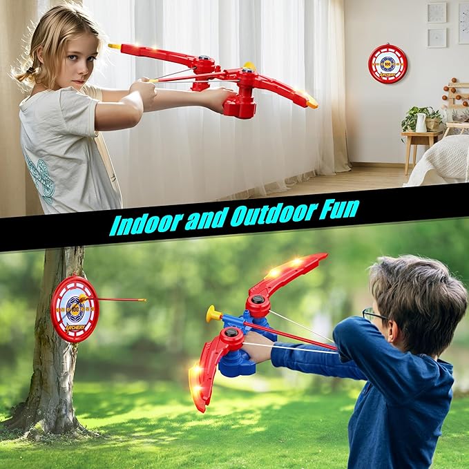 Bow and Arrow Set Kids, 3 in 1 Shield Archery Shooting Game Includes 2 PCS Bow with Lights, 10 Suction Cups Arrows, 1 Targets Play Indoor Outdoor Toy