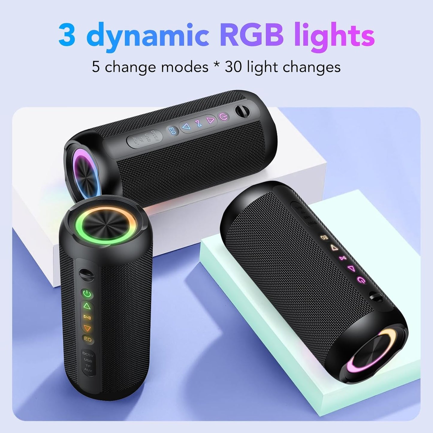 taopodo Portable Bluetooth Speaker with 30W Stereo Sound, 3 EQ Mode & 3 RGB lights, IPX7 Waterproof, 30H Playtime, TWS Wireless Pairing, Outdoor Speaker for Home, Outdoors and Hiking