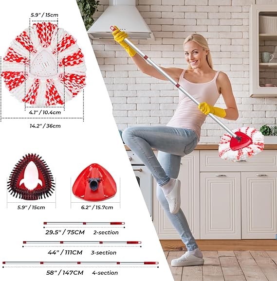 Deep Cleaning Spin Mop Heads Replacement Compatible with Vileda Turbo System, Upgraded Scrub Brush and Mop Base, Handle Combo Set, Microfiber Replace Head Refills