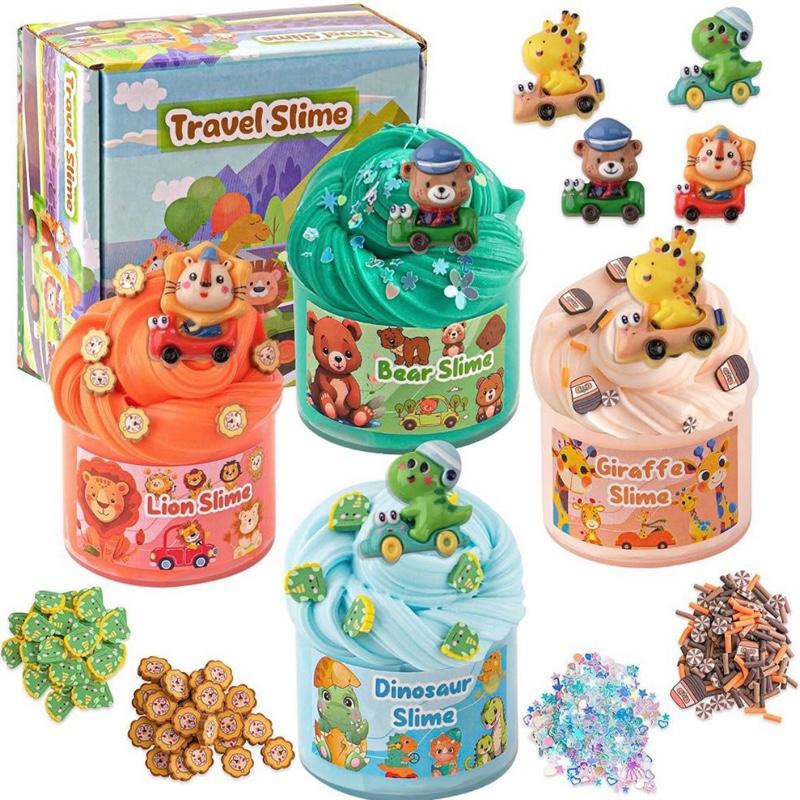 Travel Slime 4 Pack with Slime Charms - Lion Bear Giraffe Dinosaur Toys for Kids