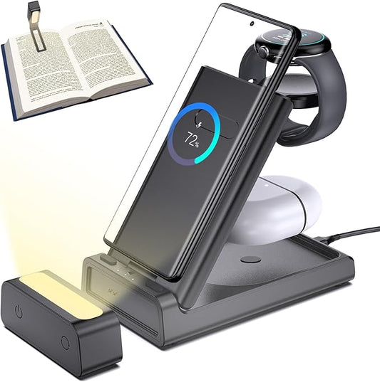 3 in 1 Wireless Charger for Foldable Wireless Charger Station with Night Light for Samsung Galaxy S24 S23 Ultra/iPhone 16/Pixel 8 Pro, Galaxy Watch 6, Galaxy Buds 2 Pro/AirPods Pro/AirPods