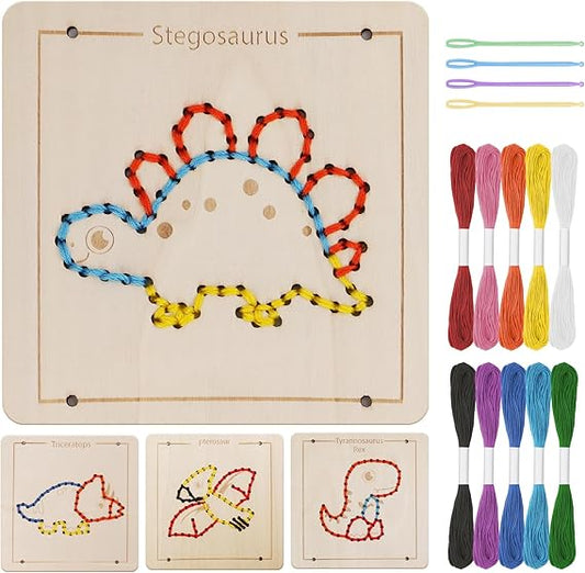 Montessori Wooden Dinosaur Lacing Kids Sewing Kit For Fine Motor Skill, Early Education Sensory Preschool Toy