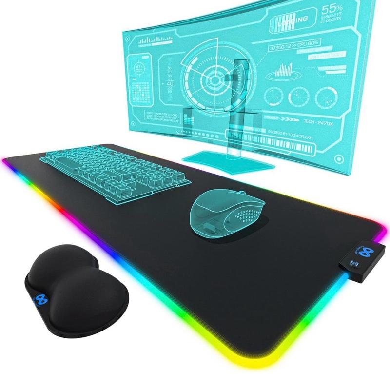 Everlasting Comfort Large Gaming Mouse Pad XL Extra Long Desk Pad with Wrist Rest 15 Coloru Modes 2 Brightness Levels RGB LED Light Mat for Gamers