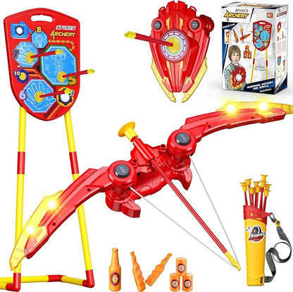 2-in-1 Bow and Arrow Set for Kids, Shield Archery Shooting Game Includes 1 Bow with Lights, 10 Suction Cups Arrows and Quiver, 1 Standing Targets