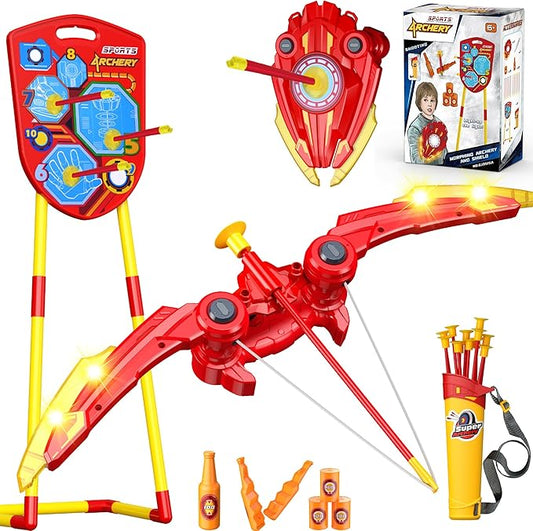 2-in-1 Bow and Arrow Set for Kids, Shield Archery Shooting Game Includes 1 Bow with Lights, 10 Suction Cups Arrows and Quiver, 1 Standing Targets