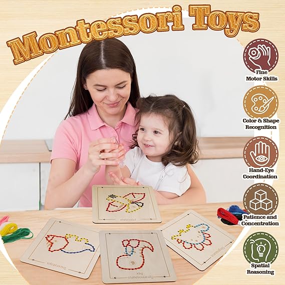 Montessori Wooden Dinosaur Lacing Kids Sewing Kit For Fine Motor Skill, Early Education Sensory Preschool Toy