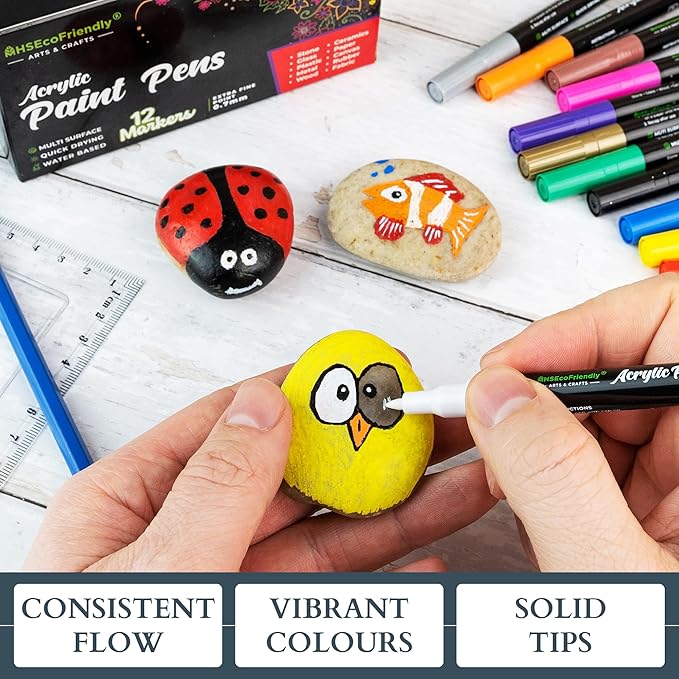 MHSEcoFriendly Fine Acrylic Paint Pens - 12 Pack, 0.7mm Fine Tip | Non Toxic & Waterproof | Pens for Rock Painting, Stone, Pebbles, Glass, Ceramic, Wood & Fabric | Art Supplies for Kids & Adults