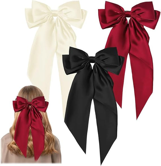 3Pcs Big Bow Hair Clip French Hair Clip Big Bowknot Hairpin with Long Silky Satin Solid ColoUr Tail White and Black and Red