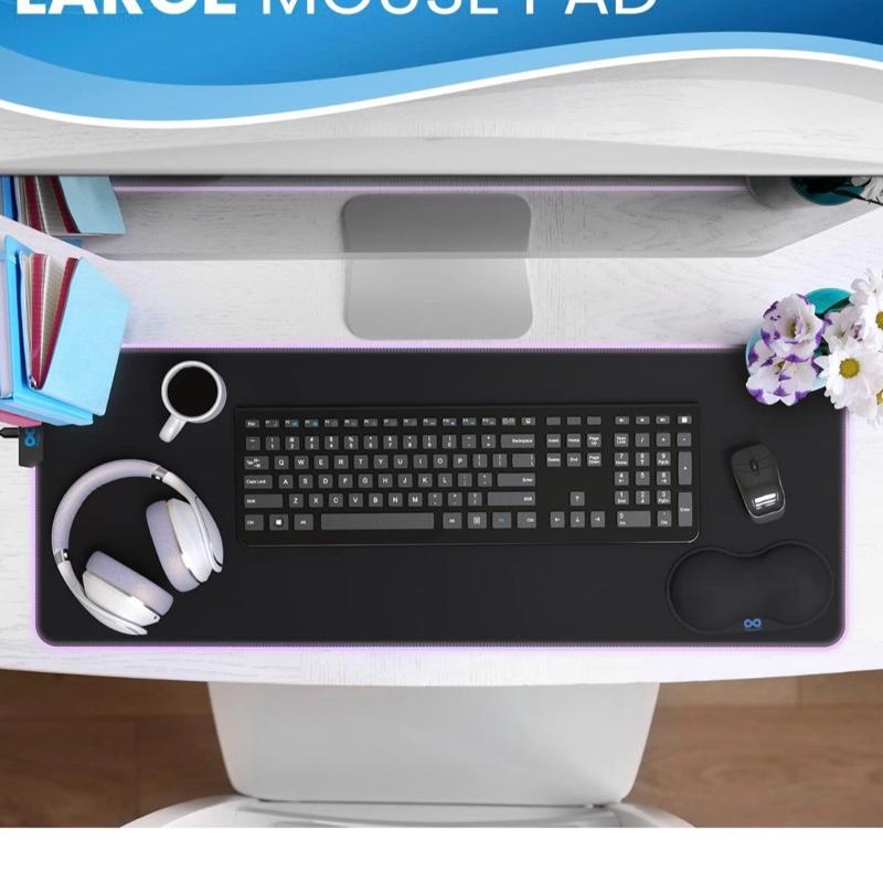 Everlasting Comfort Large Gaming Mouse Pad XL Extra Long Desk Pad with Wrist Rest 15 Coloru Modes 2 Brightness Levels RGB LED Light Mat for Gamers