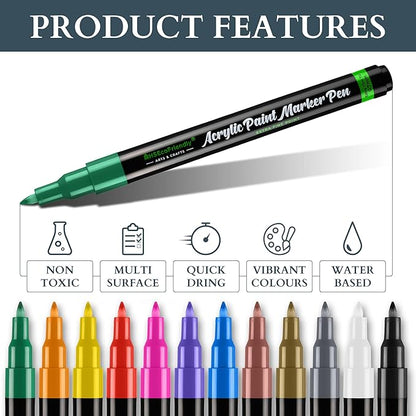 MHSEcoFriendly Fine Acrylic Paint Pens - 12 Pack, 0.7mm Fine Tip | Non Toxic & Waterproof | Pens for Rock Painting, Stone, Pebbles, Glass, Ceramic, Wood & Fabric | Art Supplies for Kids & Adults