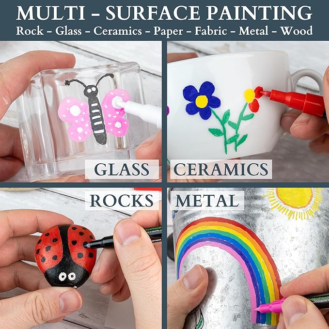MHSEcoFriendly Fine Acrylic Paint Pens - 12 Pack, 0.7mm Fine Tip | Non Toxic & Waterproof | Pens for Rock Painting, Stone, Pebbles, Glass, Ceramic, Wood & Fabric | Art Supplies for Kids & Adults