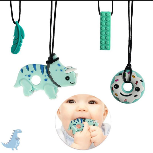 4pc random light blue Sensory Chew Necklace Teether Chew Toys Safety Food Grade Silicone for Kids Toddlers ADHD Autistic Biting Needs Oral Motor Teether Chew Pendant Toy with Adjustable Buckle