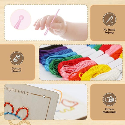 Montessori Wooden Dinosaur Lacing Kids Sewing Kit For Fine Motor Skill, Early Education Sensory Preschool Toy