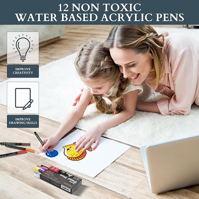 MHSEcoFriendly Fine Acrylic Paint Pens - 12 Pack, 0.7mm Fine Tip | Non Toxic & Waterproof | Pens for Rock Painting, Stone, Pebbles, Glass, Ceramic, Wood & Fabric | Art Supplies for Kids & Adults
