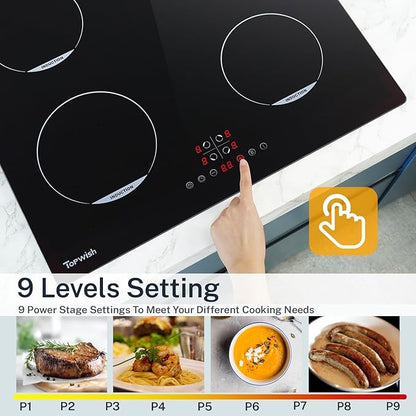 Induction Hob 60cm, 4 Zone Induction Hob with Child Lock, Boost Function, Touch Control, Residual Heat Indicator, Timer, 7200W Topwish