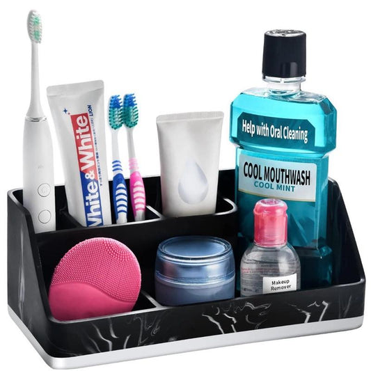 Black Marble Look Toothbrush Holders for Bathrooms 5 Slots Tooth Brush & Toothpaste Storage Counter Organizer for Vanity Sink