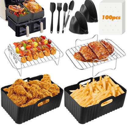 nuyikaso Air Fryer Accessories Set of 10 Pcs for Ninja Dual, Tower 7.6L-9.5L Including Silicone Reusable Liner Racks Paper Lining Gloves Food Clip Brush Spatula Black