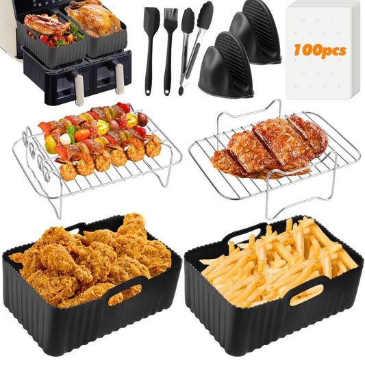 nuyikaso Air Fryer Accessories Set of 10 Pcs for Ninja Dual, Tower 7.6L-9.5L Including Silicone Reusable Liner Racks Paper Lining Gloves Food Clip Brush Spatula Black