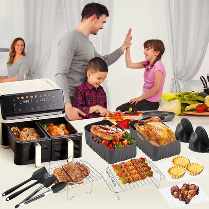 nuyikaso Air Fryer Accessories Set of 10 Pcs for Ninja Dual, Tower 7.6L-9.5L Including Silicone Reusable Liner Racks Paper Lining Gloves Food Clip Brush Spatula Black