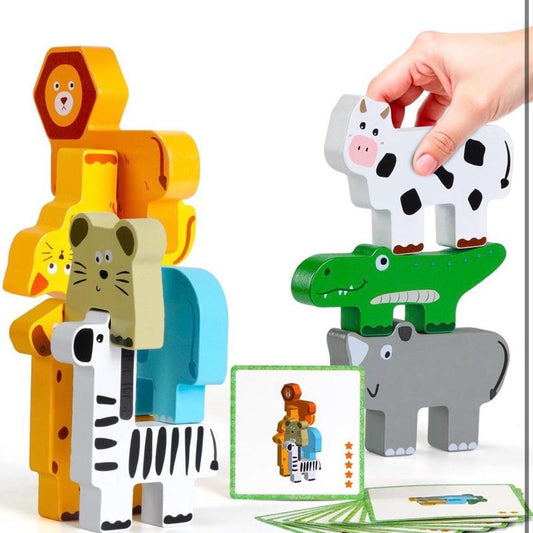 Wooden Stacking Toys for 1-3 Year Old Boys & Girls Animal Building Blocks for Toddlers Educational Baby Toys 18+ Months with Colourful Animals and Cards