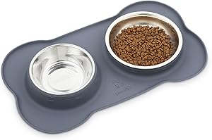 Dog Bowls Non Slip, Stainless Steel Double Bowls Set with Non-Spill Silicone Mats Tray for Cats and Dogs - Grey