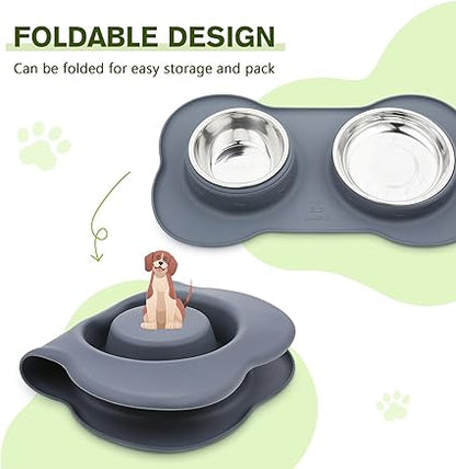 Dog Bowls Non Slip, Stainless Steel Double Bowls Set with Non-Spill Silicone Mats Tray for Cats and Dogs - Grey