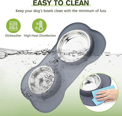 Dog Bowls Non Slip, Stainless Steel Double Bowls Set with Non-Spill Silicone Mats Tray for Cats and Dogs - Grey