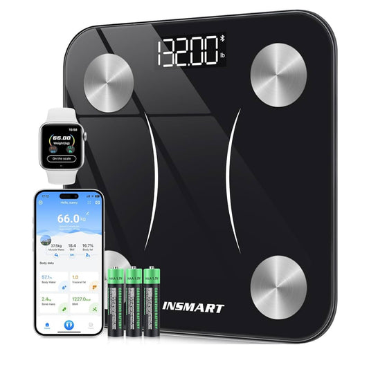 Bluetooth Body Fat Scales, INSMART Smart Digital Bathroom Weight Weighing Scales for Body Composition Analyzer with Smart APP, Body Composition Fitbit Scales for Fitness (ST/LB/KG) - Box & packaging damaged.