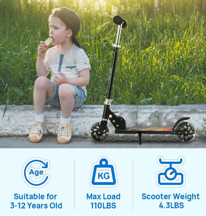 TENBOOM Kids Scooter Ages 6-12, Easy Folding with Adjustable Handlebar and Rear Brake, Light Up for Girls & Boys