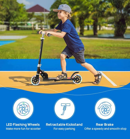 TENBOOM Kids Scooter Ages 6-12, Easy Folding with Adjustable Handlebar and Rear Brake, Light Up for Girls & Boys