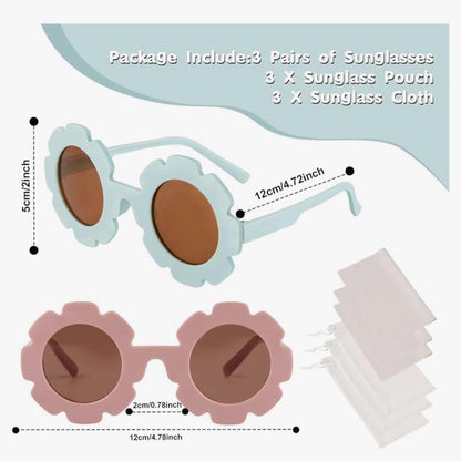 3 Pairs Flower Kids Sunglasses Cute Round Baby Sunglasses with Glasses Pouch and Cloth UV 400 Protection Flexible Frame for 0-8 years