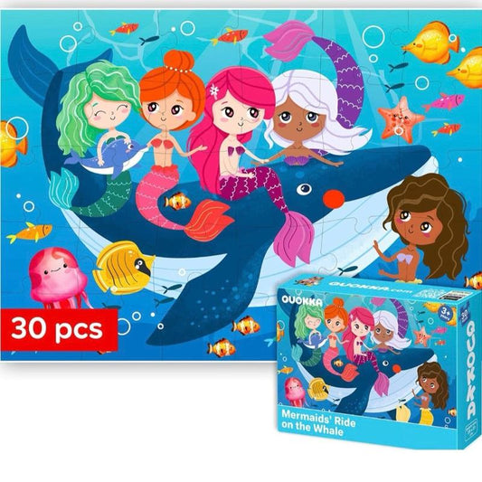 QUOKKA Jigsaw Puzzles For 3 4 Year Olds - Educational Toys Learning Mermaid Style 30 Pieces Mermaids Ride on the Whale
