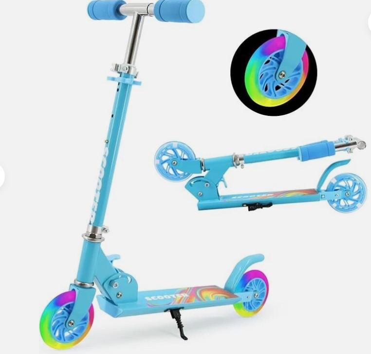 Blue Folding Kick Scooter for Kids Ages 3-7, 2 LED Flash Wheels Kick Scooter with 3 Levels Adjustable Handlebar and lightweight