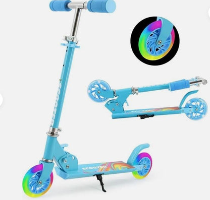 Blue Folding Kick Scooter for Kids Ages 3-7, 2 LED Flash Wheels Kick Scooter with 3 Levels Adjustable Handlebar and lightweight