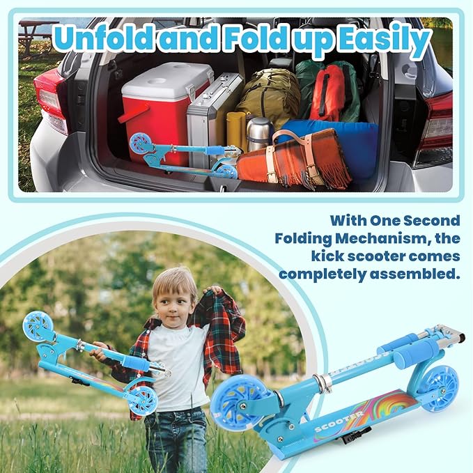 Blue Folding Kick Scooter for Kids Ages 3-7, 2 LED Flash Wheels Kick Scooter with 3 Levels Adjustable Handlebar and lightweight