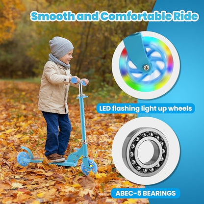 Blue Folding Kick Scooter for Kids Ages 3-7, 2 LED Flash Wheels Kick Scooter with 3 Levels Adjustable Handlebar and lightweight