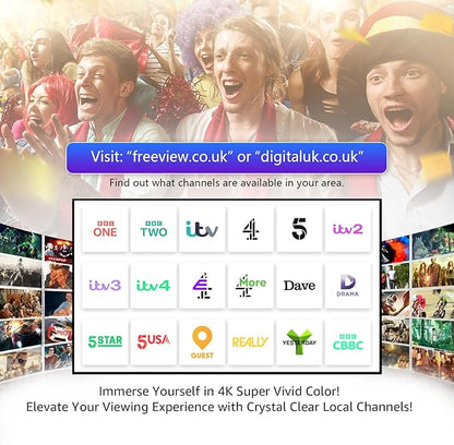Indoor TV Aerial – Freeview Digital HD Aerial for Smart TV, 360° Reception up to 250 Miles, VHF/UHF Signal, Supports 4K 1080p, Easy Setup