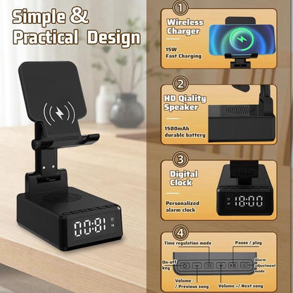 Bluetooth Speaker, Electronic Gadgets with Wireless Charger & Alarm Clock, with Type-C Interface, Foldable Angle & Height Phone Charger Stand with Sound Amplifier, Gifts for Men, Women